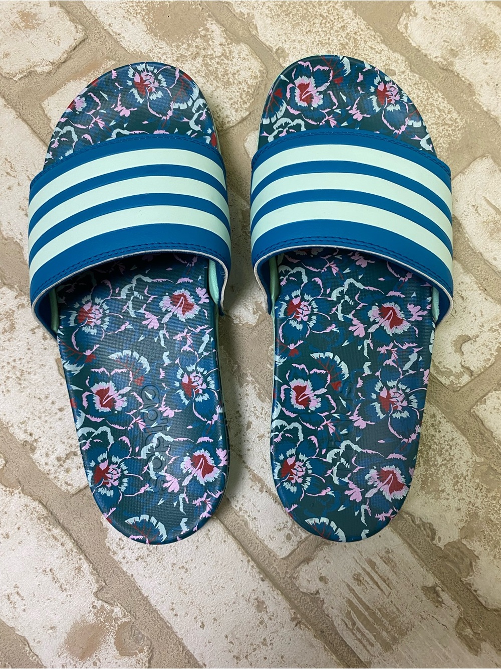 Adidas Floral Navy & Teal Slide Sandals - Women's Comfortable Pool Slides size 6